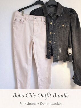 2-Piece Bundle Light Pink Jeans + Black Distressed Denim